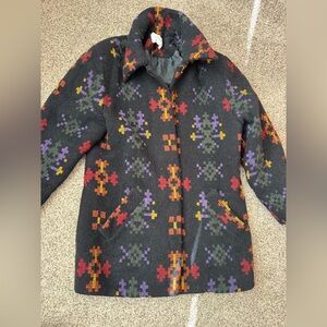 Doncaster Black Wool Jacket with Red, Orange and Yellow Geometric Pattern